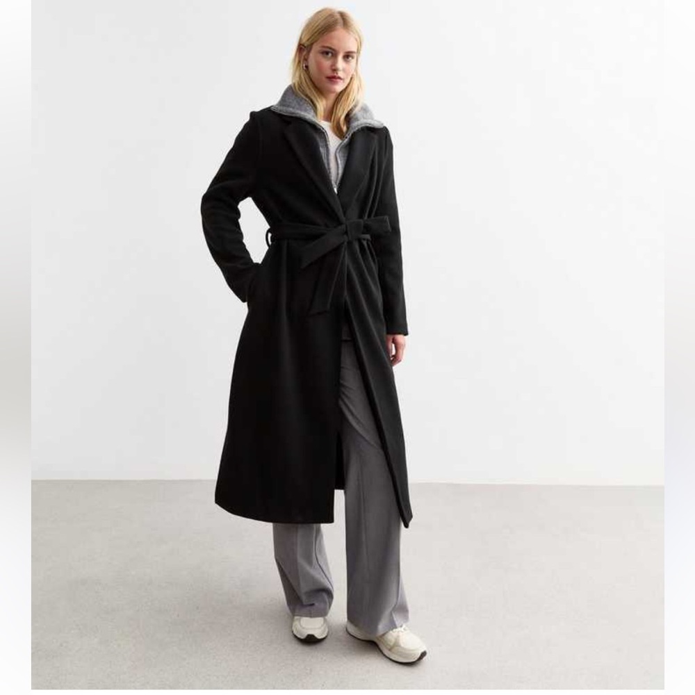New Look black tailored unlined long line belted coat, size 6